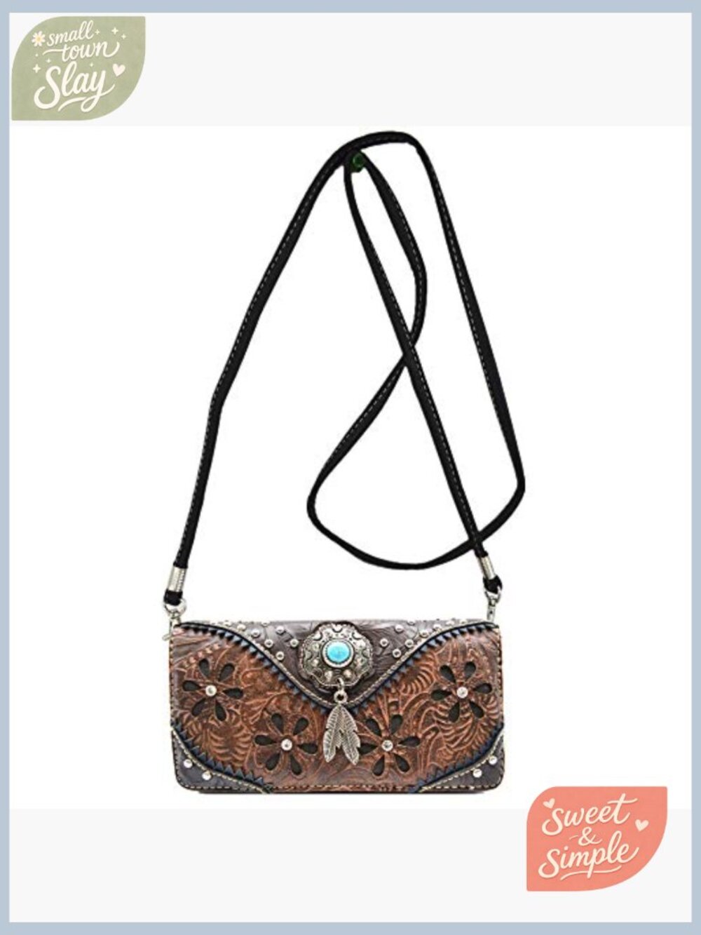 Western Tooled Leather Floral Clutch Wallet with Detachable Wrist Strap - Picture 3 of 4